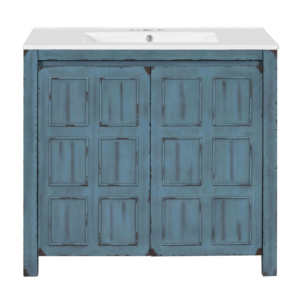 36 " Bathroom Vanity Organizer with Ceramic Sink, Set Bathroom Storage Cabinet,Antique White/Blue